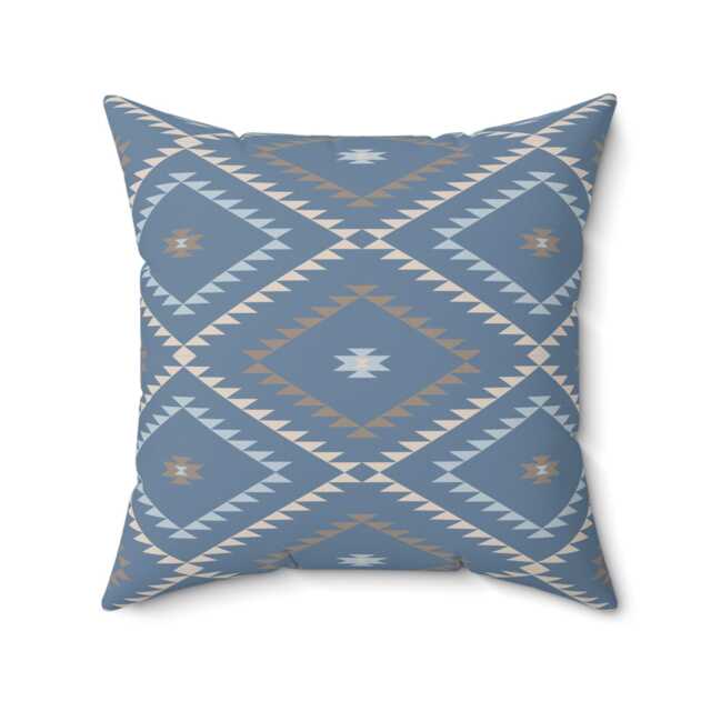 Square Throw Pillow, Southwestern Geometric, Denim Blue Beige, Desert Southwest Boho Decor, Bohemian Home Accent, Cushion - image 1