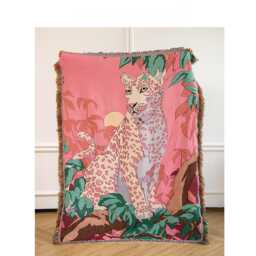 Pink Leopard Throw Blanket, Woven Tapestry Wall Hanging, Fringe Sofa Cover, Decor Gift - thumbnail 1