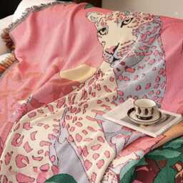 Pink Leopard Throw Blanket, Woven Tapestry Wall Hanging, Fringe Sofa Cover, Decor Gift - thumbnail 2