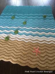 Crochet Sea Turtle Blanket - Beach Wave Afghan Ocean Baby Turtles Honeymoon Gift Ripple - thumbnail 1