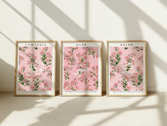 Islamic Wall Art - Sage & Pink Prints, 3 Set, Blush Art, Botanical & Green, Sabr, Shukr, Tawakkul, Living Room - image 1