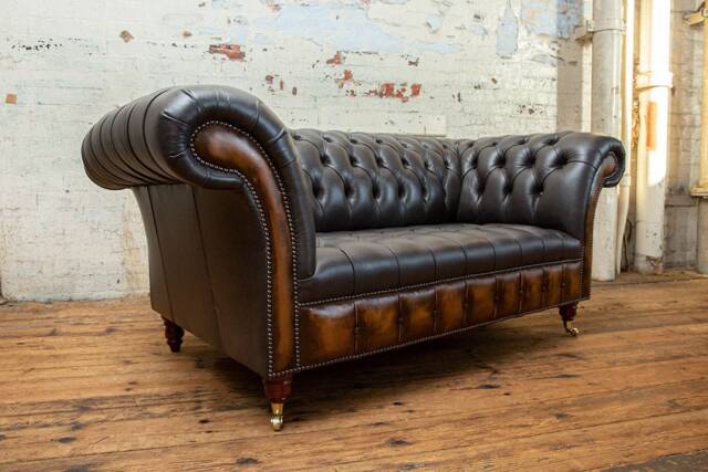 Handmade 2 Seater Vintage Storm Grey With Antique Tan Leather Chesterfield Sofa - image 1
