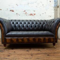 Handmade 2 Seater Vintage Storm Grey With Antique Tan Leather Chesterfield Sofa - thumbnail 2