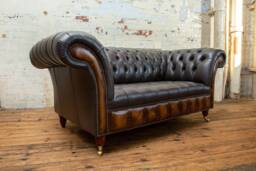 Handmade 2 Seater Vintage Storm Grey With Antique Tan Leather Chesterfield Sofa