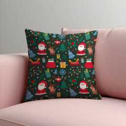 Christmas Cushion Cover With Santa & Reindeer Print, Green Holiday Throw Pillowcase, Festive Decorative Case - thumbnail 2