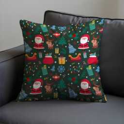 Christmas Cushion Cover With Santa & Reindeer Print, Green Holiday Throw Pillowcase, Festive Decorative Case - thumbnail 3