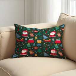 Christmas Cushion Cover With Santa & Reindeer Print, Green Holiday Throw Pillowcase, Festive Decorative Case - thumbnail 4
