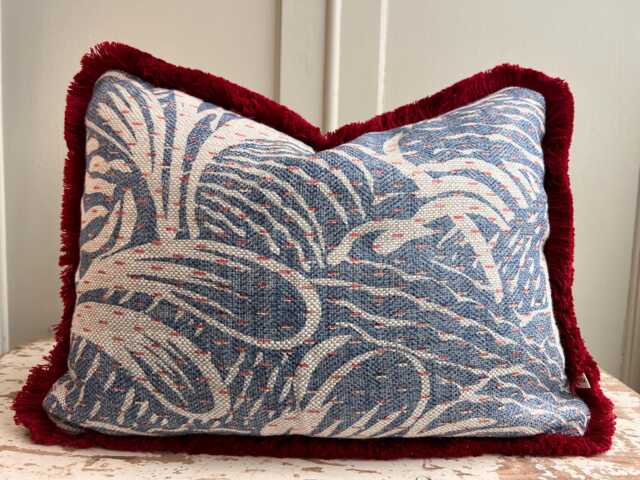 Cushions Made in Fermoie Savernake Fabric Designer Decorative Rich Blue Linen Cushion Pillow Throw Cover With Red Brush Fringe - image 1