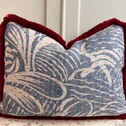 Cushions Made in Fermoie Savernake Fabric Designer Decorative Rich Blue Linen Cushion Pillow Throw Cover With Red Brush Fringe - thumbnail 2
