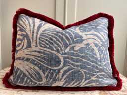 Cushions Made in Fermoie Savernake Fabric Designer Decorative Rich Blue Linen Cushion Pillow Throw Cover With Red Brush Fringe - thumbnail 1