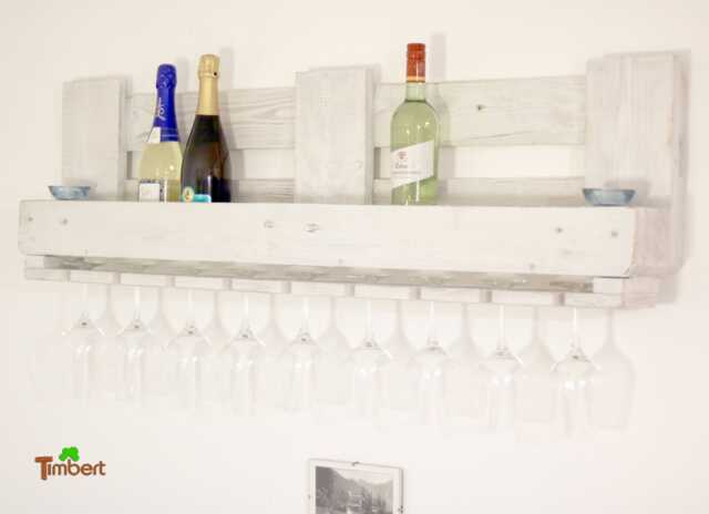 Vintage Wine Rack in Shabby Chic White Made From Recycled Euro Pallets. Pallet Furniture, Wall Shelf For Bottles With Glass Holders, Wooden Shelf - image 1