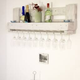 Vintage Wine Rack in Shabby Chic White Made From Recycled Euro Pallets. Pallet Furniture, Wall Shelf For Bottles With Glass Holders, Wooden Shelf - thumbnail 2