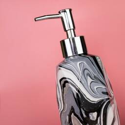 Hand Marbled Ceramic Soap Lotion Dispenser, Silver Pump, Geometric - Effy Monochrome, White, Black, Grey & Silver - thumbnail 2