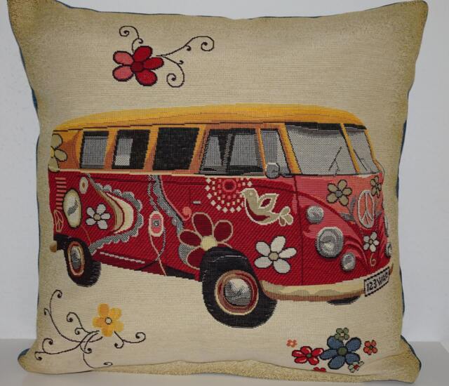 Decorative Cushion Cover Motif Bus Tapestry Peace Flowers Camping Freedom Upcycled Denim & Fabric Holidays Surfing - image 1