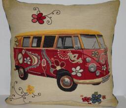 Decorative Cushion Cover Motif Bus Tapestry Peace Flowers Camping Freedom Upcycled Denim & Fabric Holidays Surfing - thumbnail 1