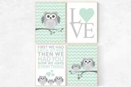 Owl Nursery Wall Art Mint Gray Baby Room Decor - thumbnail 1