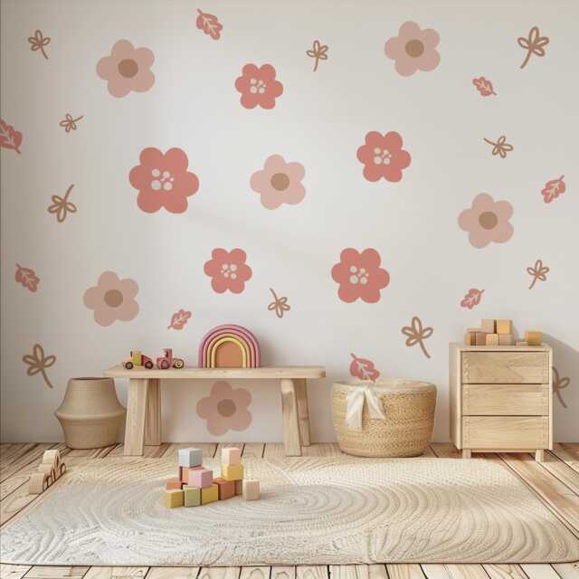 Boho Flower Wall Stickers, Pink Nursery Decals, Floral Kids Room Decor, Peel & Stick Flowers, Girls Bedroom Stickers - image 1
