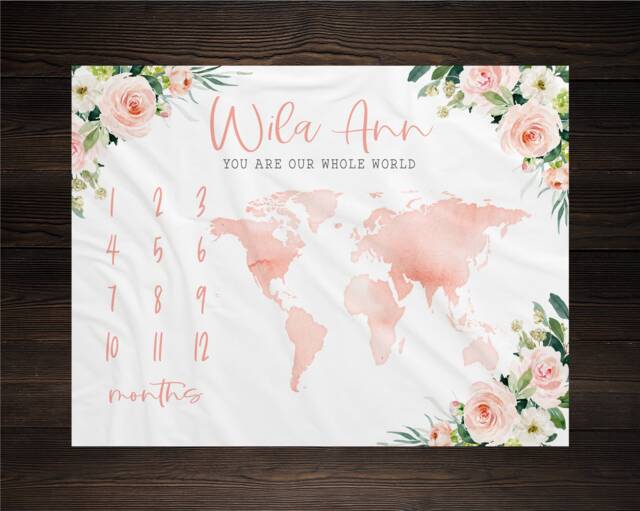 World Milestone Blanket, Baby Floral Map Personalized Shower Gift, Girl - image 1