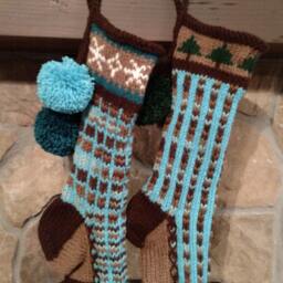 Hand Knit Christmas Stocking Brown Blue Green Stripe Fir Tree Border Santa's Works - thumbnail 3