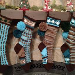 Hand Knit Christmas Stocking Brown Blue Green Stripe Fir Tree Border Santa's Works - thumbnail 4