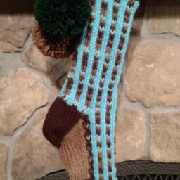 Hand Knit Christmas Stocking Brown Blue Green Stripe Fir Tree Border Santa's Works - thumbnail 2