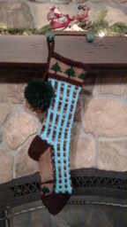 Hand Knit Christmas Stocking Brown Blue Green Stripe Fir Tree Border Santa's Works