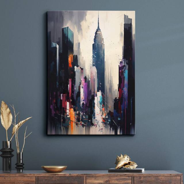 New York Skyline Times Square Abstract Modern Painting America Colorful Wall Art, Framed Canvas Poster Print, Home/Office Room Decor, Gifts - image 1
