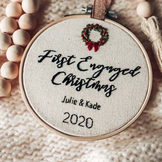 First Engaged Christmas Embroidered Ornament - Keepsake, Engagement Gift - image 1
