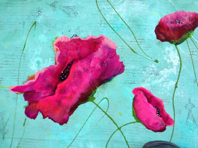 Pink Poppy Abstract Oilcloth Boho Floral Wall Art Or Floor Mat - image 1