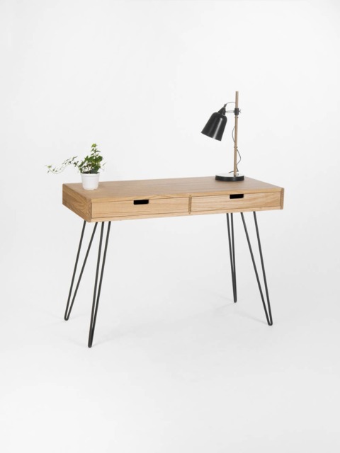 Oak Wood Desk With Drawers - Mid Century Modern Bureau, Steel Hairpin Legs - image 1