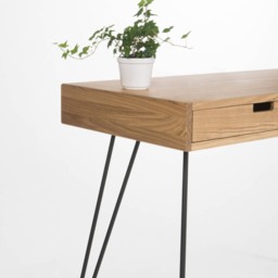 Oak Wood Desk With Drawers - Mid Century Modern Bureau, Steel Hairpin Legs - thumbnail 2