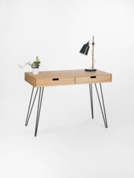Oak Wood Desk With Drawers - Mid Century Modern Bureau, Steel Hairpin Legs - thumbnail 1