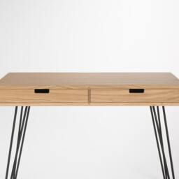 Oak Wood Desk With Drawers - Mid Century Modern Bureau, Steel Hairpin Legs - thumbnail 3