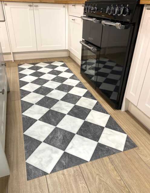 Checkerboard Vinyl Runner Rug in Black & White Marble Tile Design For Kitchen, Hallway Dining Room Floors - image 1