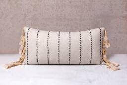 Natural Linen Lumbar Pillow Cover, Black Embroidered Boho Cushion, Handmade Tassel Accent