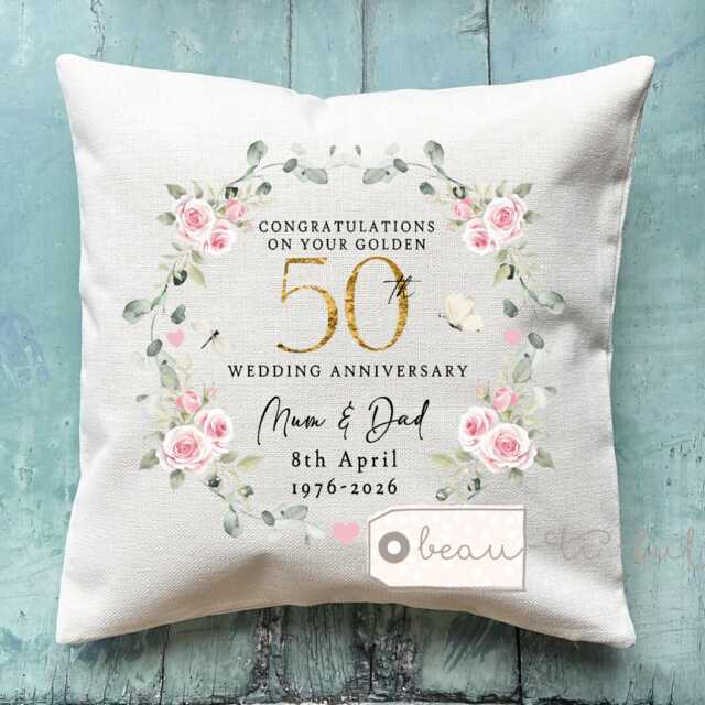 Personalised Golden Gold Wedding Anniversary Cushion Anniversary Gift 50Th 50 Cushion Ruby Emerald Silver - image 1