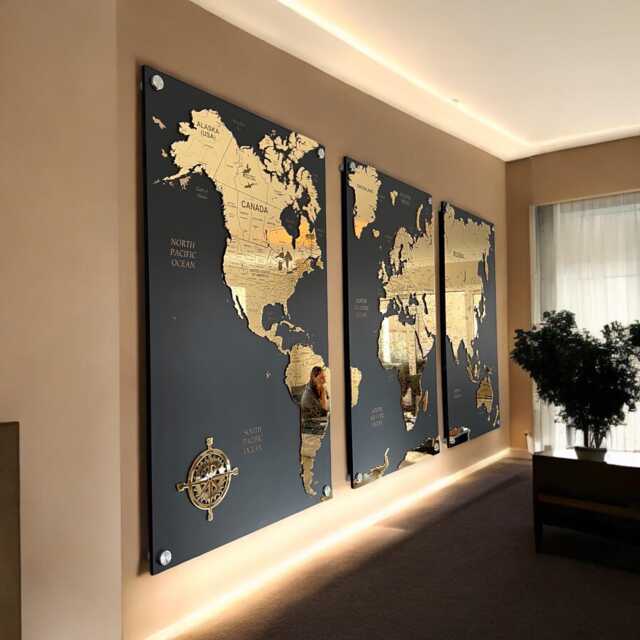 High Detail 3D Gold World Map Travel Wall Art Map, Feature Centrepiece, S-xxl Sizes, 3 Panel Art, Anniversary Gift - image 1