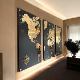 High Detail 3D Gold World Map Travel Wall Art Map, Feature Centrepiece, S-xxl Sizes, 3 Panel Art, Anniversary Gift - thumbnail 1