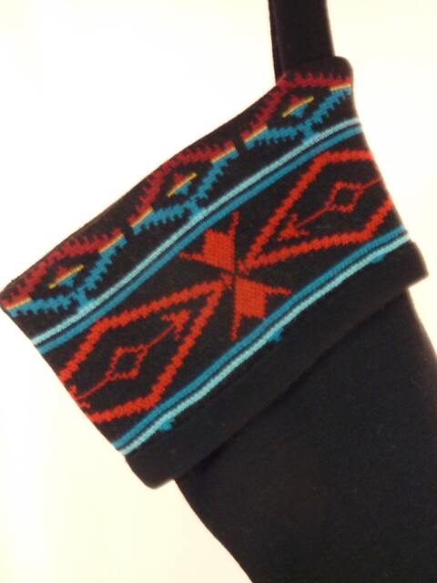 Christmas Stocking Black Red Turquoise Repurposed Usa Sweater Merino Wool Native Patterns Recycled Upcycled 649 - image 1