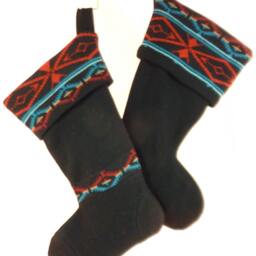Christmas Stocking Black Red Turquoise Repurposed Usa Sweater Merino Wool Native Patterns Recycled Upcycled 649 - thumbnail 4