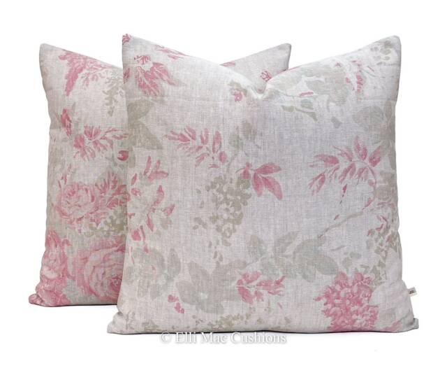 Cabbages & Roses Mary Vintage Designer Linen Fabric Pale Pink Sage Green Cushion Pillow Cover - image 1