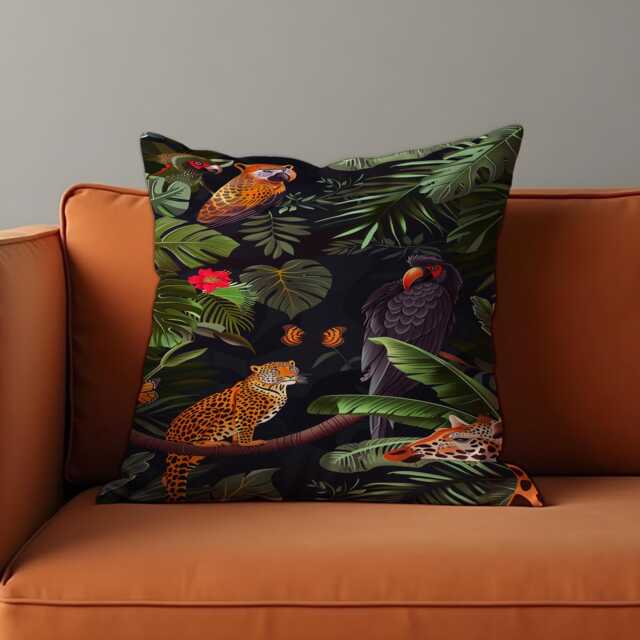 Jungle Animal Print Cushion Cover, Black Tropical Throw Pillow Case, Leopard & Parrot Living Room & Bedroom Decoration - image 1
