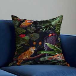 Jungle Animal Print Cushion Cover, Black Tropical Throw Pillow Case, Leopard & Parrot Living Room & Bedroom Decoration - thumbnail 3