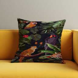 Jungle Animal Print Cushion Cover, Black Tropical Throw Pillow Case, Leopard & Parrot Living Room & Bedroom Decoration - thumbnail 2