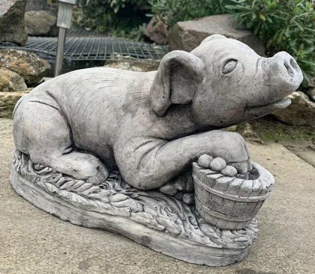 Stone Garden Lying Pig On Grass Detailed Large Ornament Statue - image 1