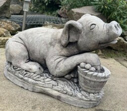 Stone Garden Lying Pig On Grass Detailed Large Ornament Statue - thumbnail 1