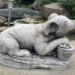 Stone Garden Lying Pig On Grass Detailed Large Ornament Statue - thumbnail 3