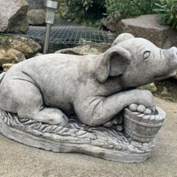 Stone Garden Lying Pig On Grass Detailed Large Ornament Statue - thumbnail 2