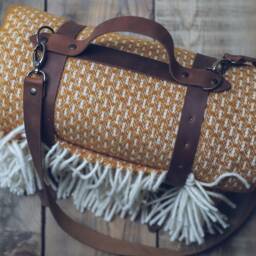 Mustard Yellow Wool Throw Blanket With Leather Handle Strap - thumbnail 4