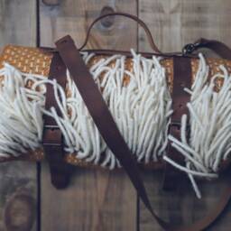 Mustard Yellow Wool Throw Blanket With Leather Handle Strap - thumbnail 2